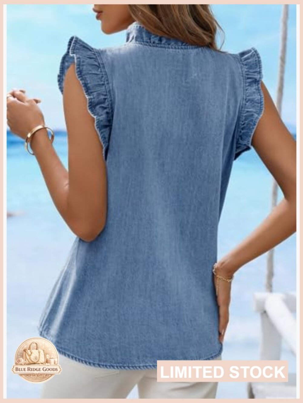 Denim Vest Top Peplum V-Neck Sleeveless Chic Casual Button Down - Picture 2 of 7